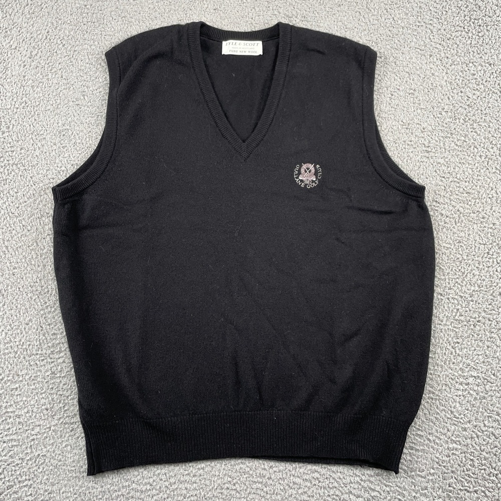Lyle & Scott Sweater Vest Mens Large Black Gullane Golf Club Pure Wool V-Neck